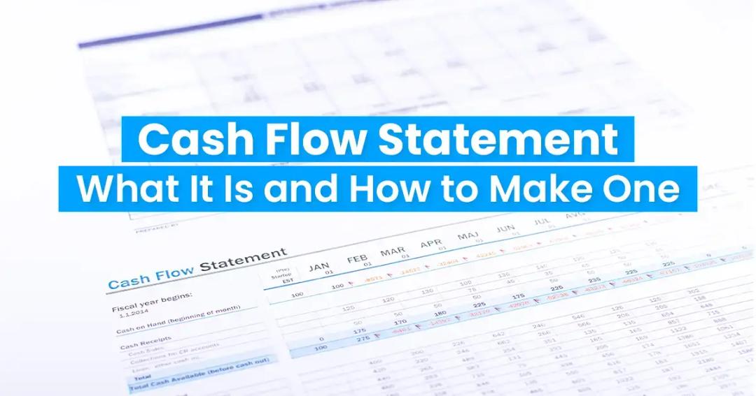 Image of a presentation slide with the title "cash flow statement: what it is and how to make one" over a blurred background showing a detailed financial document.